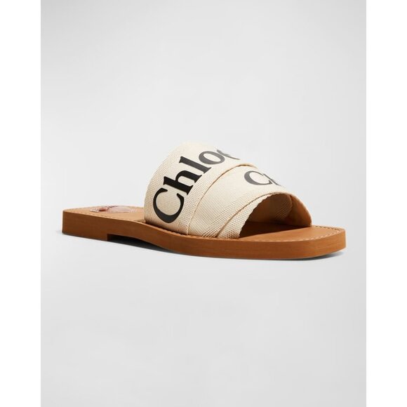 Chloe Woody Flat Logo white Ribbon Slide Sandals Size 39 - Picture 2 of 9